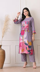 Lavender Muslin Digital Print Kurta Set- Set of 2