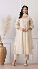 Cream Cotton Anarkali Suit With Crochet Lace Detailing- Set of 3