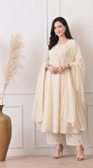Cream Cotton Anarkali Suit With Crochet Lace Detailing- Set of 3