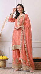 Peach Orange Premium Silk Zari Embroidered Sharara Suit- Set of 3
