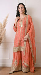 Peach Orange Premium Silk Zari Embroidered Sharara Suit- Set of 3