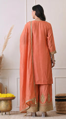 Peach Orange Premium Silk Zari Embroidered Sharara Suit- Set of 3