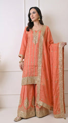 Peach Orange Premium Silk Zari Embroidered Sharara Suit- Set of 3
