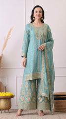 Aqua Blue Tissue Silk Zari Embroidered Sharara Suit- Set of 3