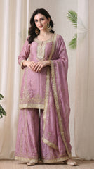 Dusty Pink Tissue Silk Zari Embroidered Sharara Suit- Set of 3