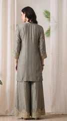 Olive Grey Premium Raw Silk Zari Embroidered Sharara Suit- Set of 3