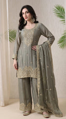 Olive Grey Premium Raw Silk Zari Embroidered Sharara Suit- Set of 3