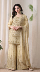 Beige Premium Silk Pearl, Bead, and Sequin Embroidered Sharara Suit- Set of 3