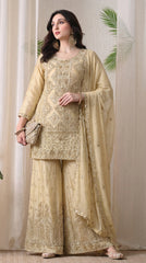 Beige Premium Silk Pearl, Bead, and Sequin Embroidered Sharara Suit- Set of 3