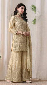 Beige Premium Silk Pearl, Bead, and Sequin Embroidered Sharara Suit- Set of 3