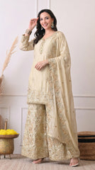 Beige Premium Silk Embroidered Sharara Suit- Set of 3