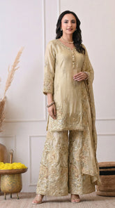 Beige Premium Silk Embroidered Sharara Suit- Set of 3