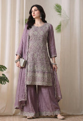 Lavender Silk Zari & Thread Embroidered Sharara Suit- Set of 3