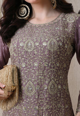 Lavender Silk Zari & Thread Embroidered Sharara Suit- Set of 3