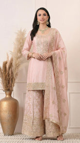 Pastel Pink Premium Silk Embroidered Sharara Suit- Set of 3