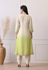 Cream & Lime Green Ombré Silk Zari Embroidered Suit- Set of 3