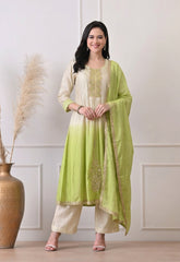 Cream & Lime Green Ombré Silk Zari Embroidered Suit- Set of 3