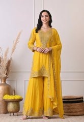 Yellow Silk Zari Embroidery Sharara Suit- Set of 3