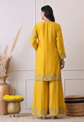 Yellow Silk Zari Embroidery Sharara Suit- Set of 3
