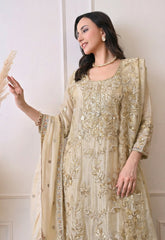 Champagne Beige Premium Silk Embroidered Sharara Suit- Set of 3