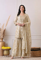 Champagne Beige Premium Silk Embroidered Sharara Suit- Set of 3