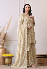 Champagne Beige Premium Silk Embroidered Sharara Suit- Set of 3