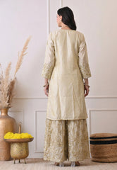 Champagne Beige Premium Silk Embroidered Sharara Suit- Set of 3