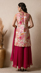 Cream And Pink Position Print Embroidered Sharara Suit- Set of 3 (Sleeves Fabric Included)