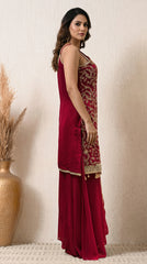 Magenta Sequin Zari Embroidered Georgette Sharara Suit- Set of 3 (Sleeves Fabric Included)