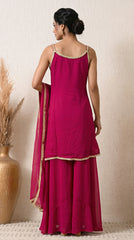 Magenta Sequin Zari Embroidered Georgette Sharara Suit- Set of 3 (Sleeves Fabric Included)