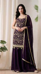 Purple Sequin Zari Embroidered Georgette Sharara Suit- Set of 3 (Sleeves Fabric Included)