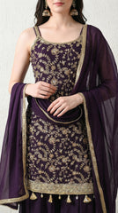 Purple Sequin Zari Embroidered Georgette Sharara Suit- Set of 3 (Sleeves Fabric Included)