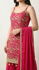 Magenta Sequin Zari Embroidered Georgette Sharara Suit- Set of 3 (Sleeves Fabric Included)