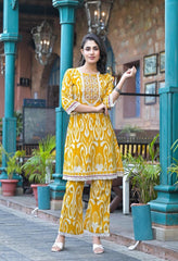 Cotton Ikat Print Mustard Yellow Co-ord Set-Set of 2