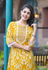 Cotton Ikat Print Mustard Yellow Co-ord Set-Set of 2