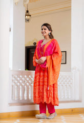 Pink Orange Ombre Crepe Embroidered Anarkali Suit - Set of 3