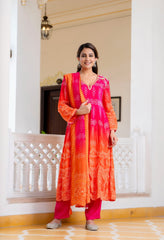 Pink Orange Ombre Crepe Embroidered Anarkali Suit - Set of 3