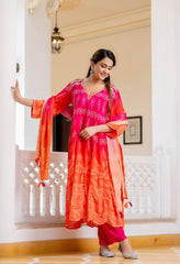 Pink Orange Ombre Crepe Embroidered Anarkali Suit - Set of 3