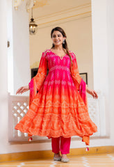 Pink Orange Ombre Crepe Embroidered Anarkali Suit - Set of 3