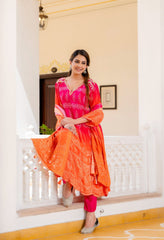 Pink Orange Ombre Crepe Embroidered Anarkali Suit - Set of 3