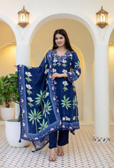 Blue Crepe Digital Print Anarkali Suit - Set of 3