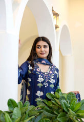 Blue Crepe Digital Print Anarkali Suit - Set of 3