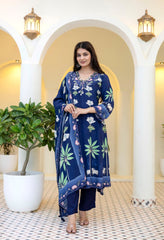Blue Crepe Digital Print Anarkali Suit - Set of 3