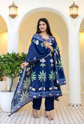 Blue Crepe Digital Print Anarkali Suit - Set of 3