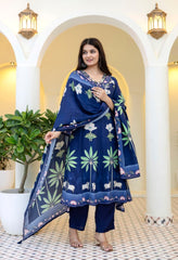 Blue Crepe Digital Print Anarkali Suit - Set of 3