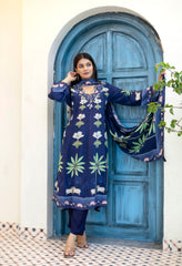 Blue Crepe Digital Print Anarkali Suit - Set of 3