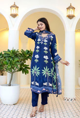 Blue Crepe Digital Print Anarkali Suit - Set of 3