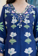 Blue Crepe Digital Print Anarkali Suit - Set of 3