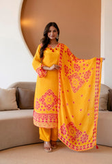 Yellow Crepe Bandhani Print with Mirror Work Suit -Set of 3