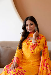 Yellow Crepe Bandhani Print with Mirror Work Suit -Set of 3